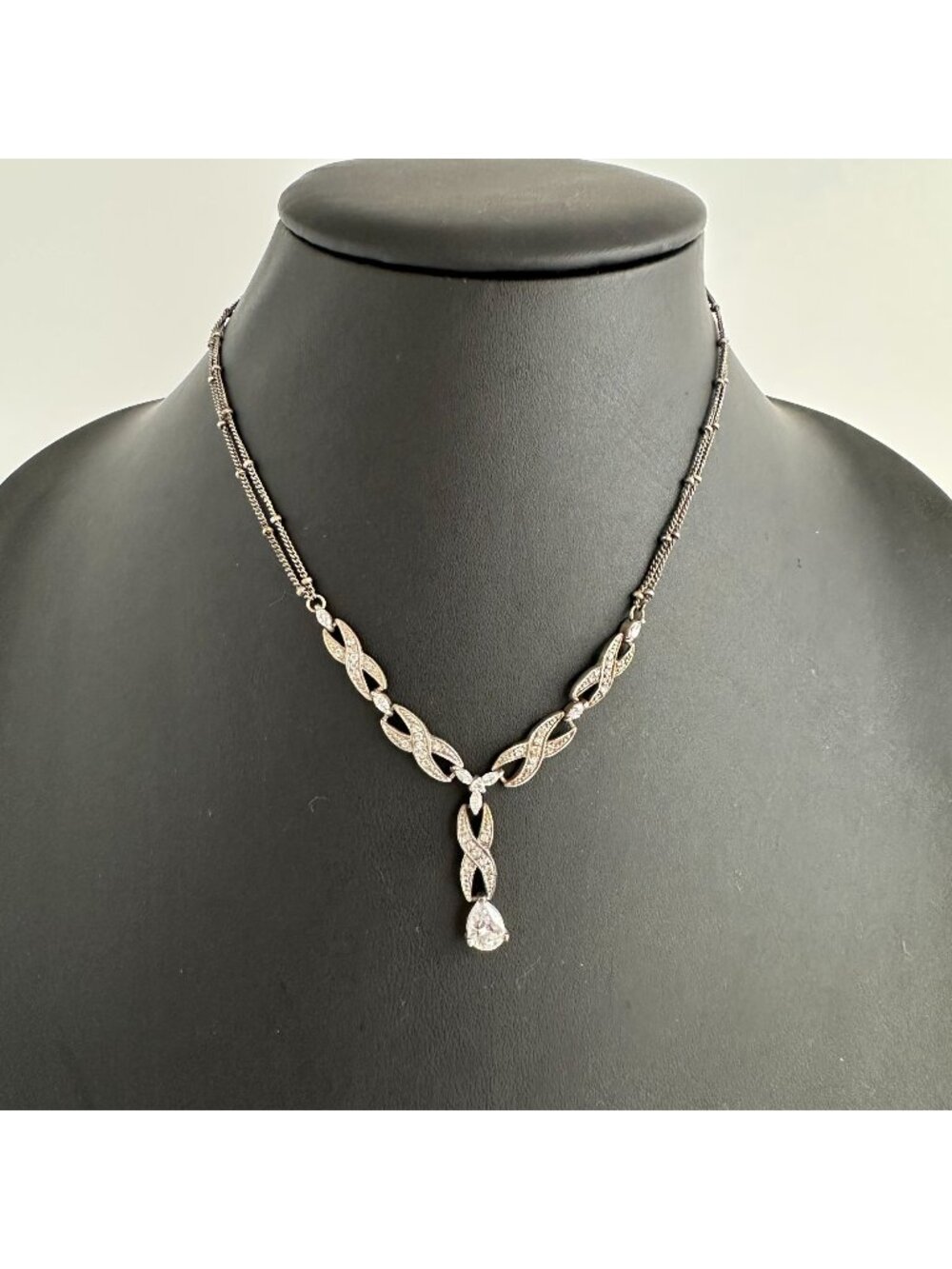Art Deco Paste Rhinestone Navette Link Lariat Drop Necklace 1920s